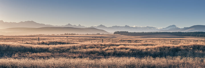 Wide panoramic landscape photo of New Zealand scenery with fields in the foreground and mountains and trees in the background. The image is coloured with the warm glow of dusk.