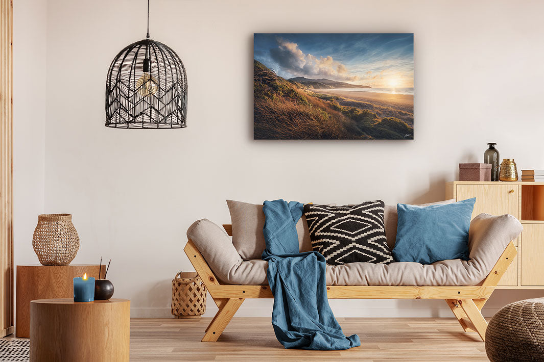 Wall art photo print of Raglan Beach on a modern lounge wall